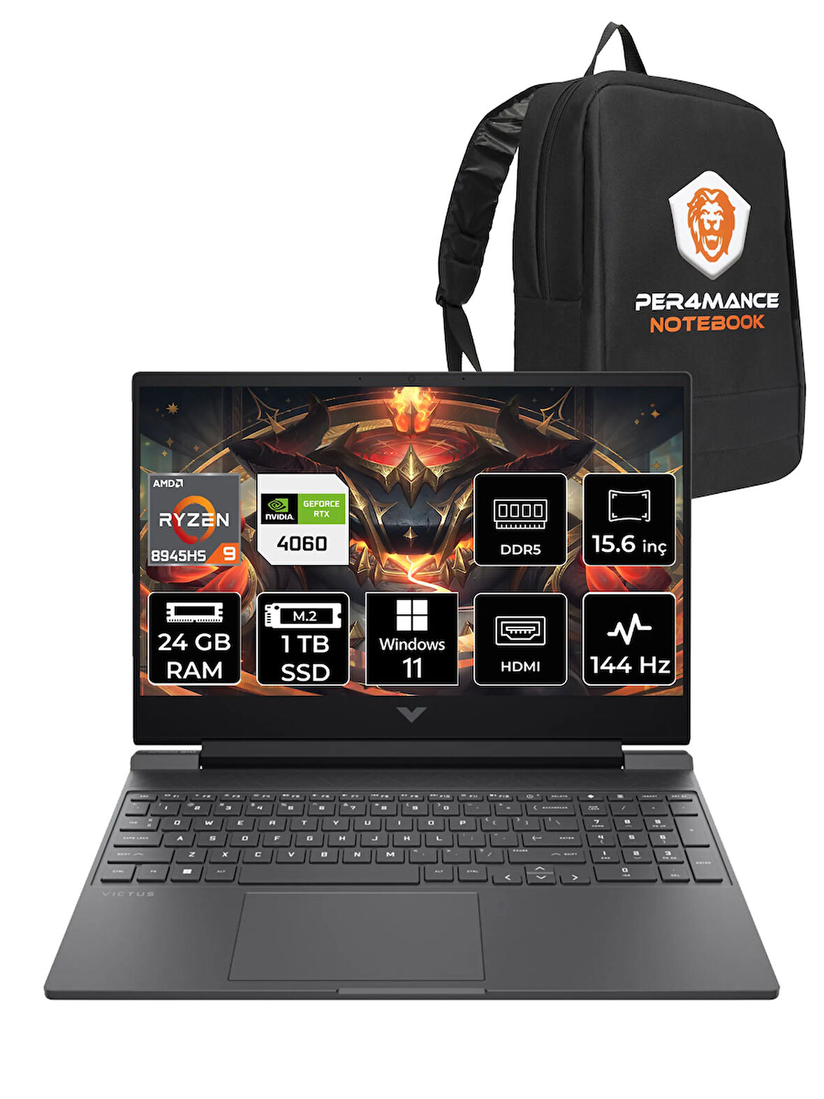 HP Victus 15 R9 8945HS 24GB RAM 1TB SSD RTX4060/8GB 144Hz 15.6'' FHD W11P Gaming Laptop & PER4 ÇAN