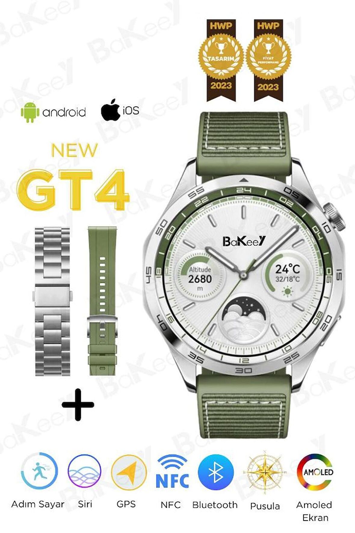 Bakeey GT4 Max Akıllı Saat Amoled Ekran 3 Kordon Siri Gps Android iOS Akıllı Saat Smart Watch 8 9