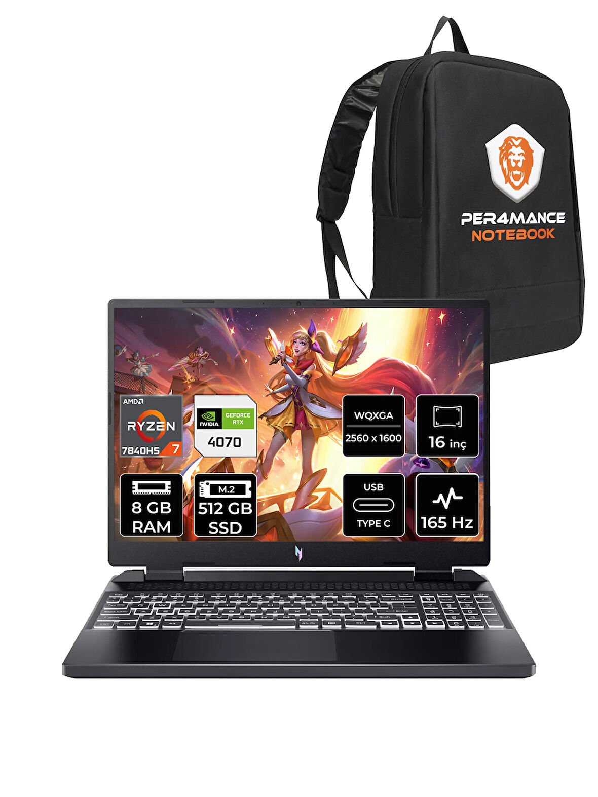 Acer Nitro 16 R7 7840HS 8GB 512GB SSD RTX4070/8GB 165Hz WQXGA 16" FDOS Gaming Laptop & PER4 ÇANTA