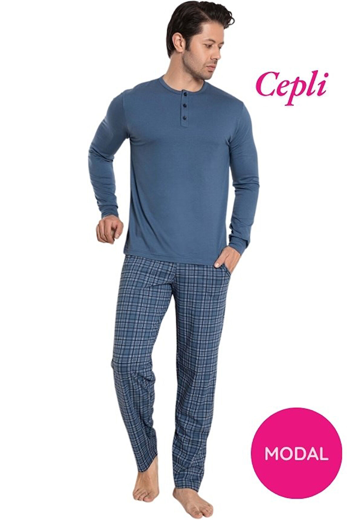 Erkek 3 Düğmeli Ekose Desen Pamuk Likra Mevsimlik Modal Uzun Kol Manşetli Cepli Pijama Takımı
