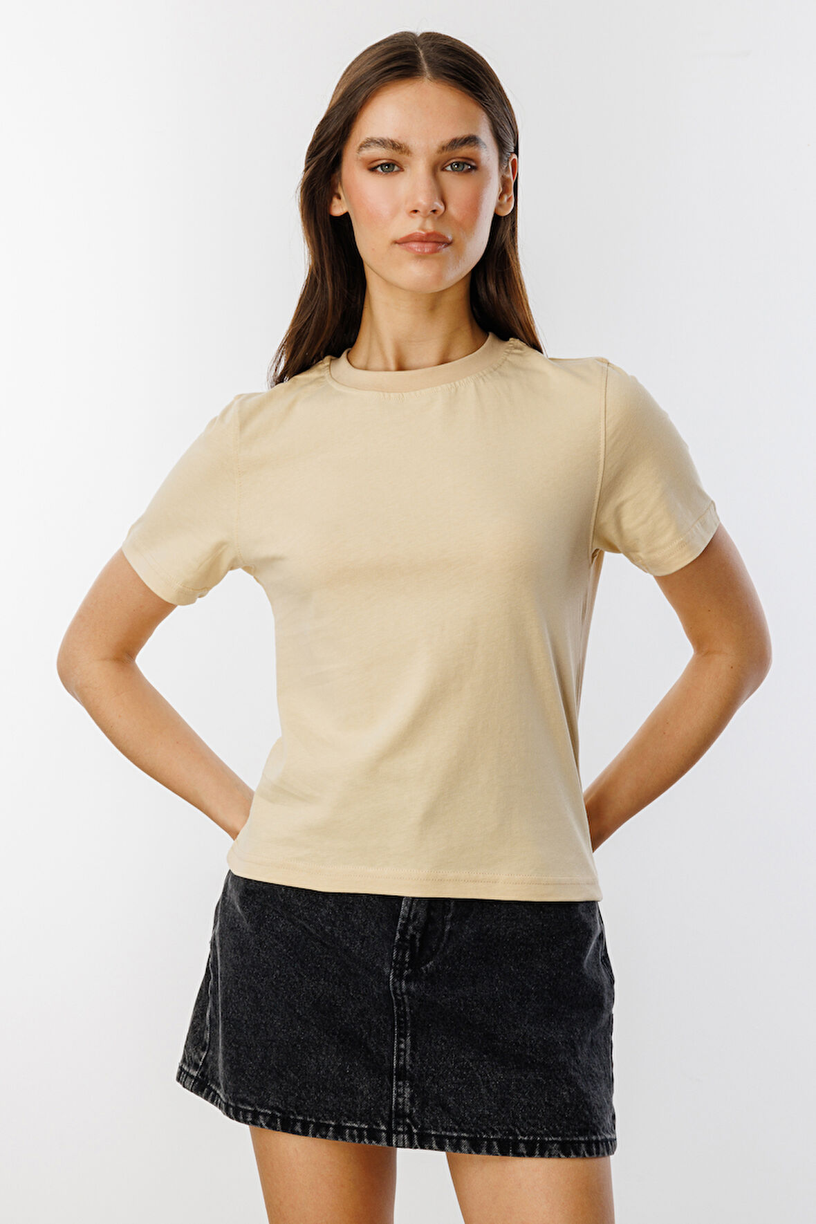 Kadın T-shirt Kısa Kollu Organik Pamuklu Bisiklet Yaka Crop T-shirt KADIN-t-shirt