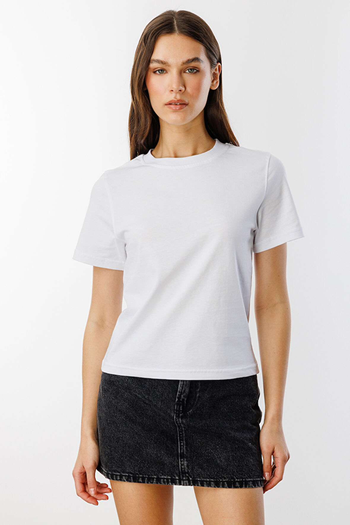 Kadın T-shirt Kısa Kollu Organik Pamuklu Bisiklet Yaka Crop T-shirt KADIN-T-SHIRT