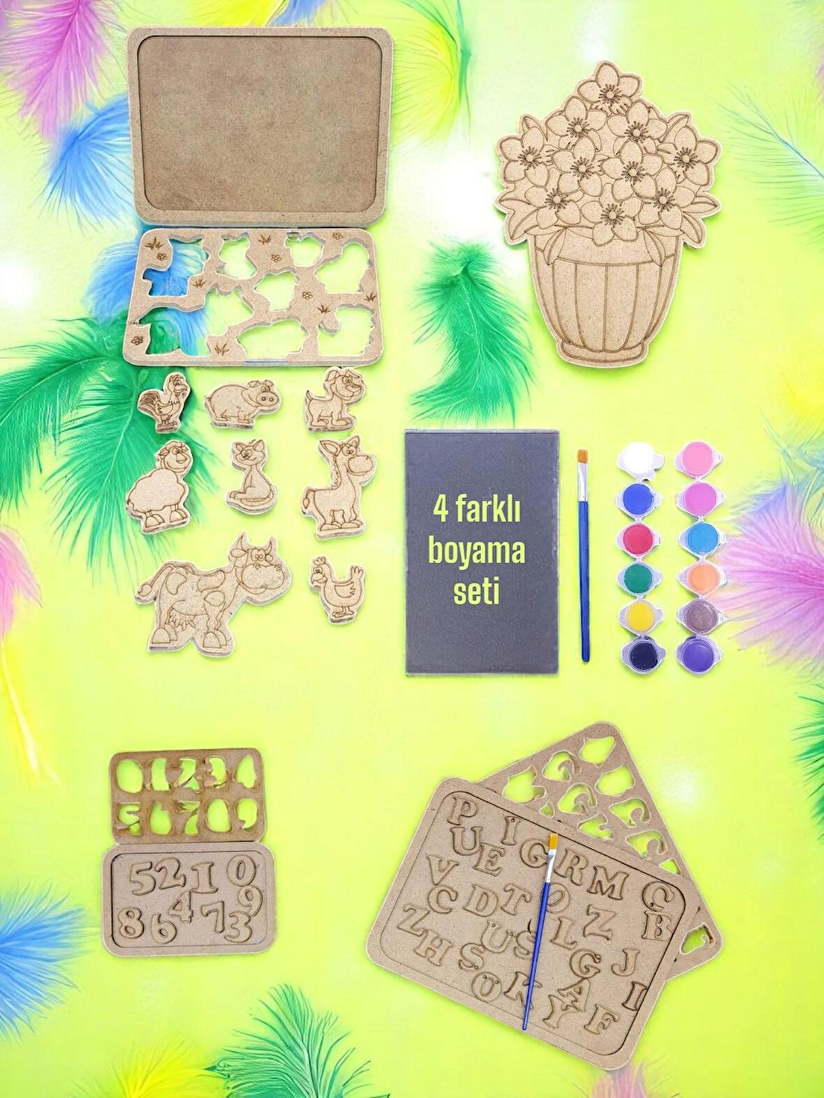 Ev-Okul Etkinliği Ahşap Puzzle 4'lü Boyama Seti, 12 Renk Boya ve Fırça ile...