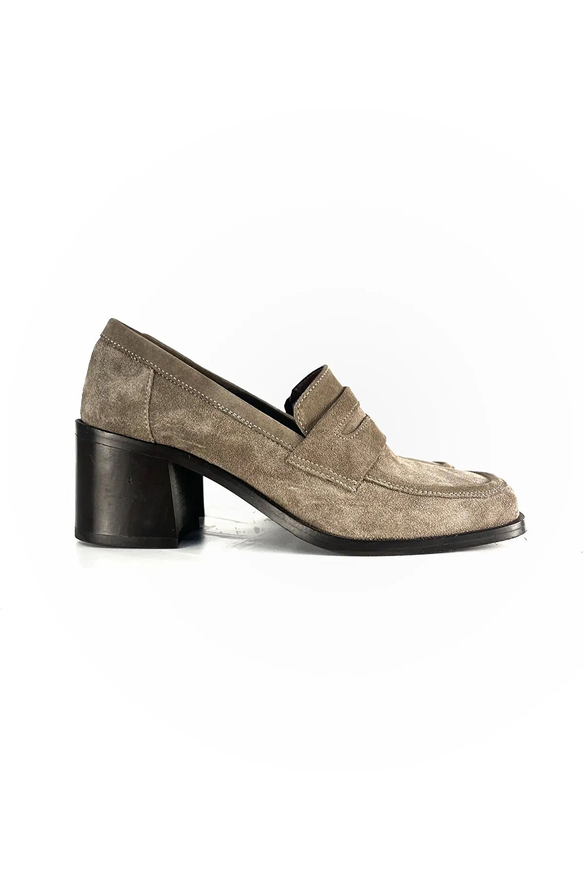 HAKİKİ DERİ KADIN TOPUKLU LOAFER VİZON SÜET