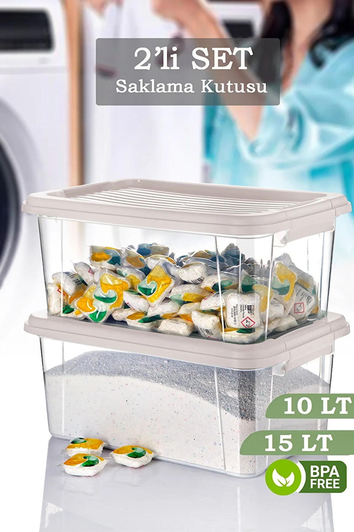 2'li Set Vera Deterjanlık Kilit Kapaklı Saklama Kutusu Banyo Düzenleyici - Un Bakliyat Kabı 10-15 Lt