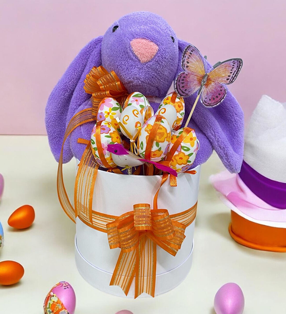 SOLE Premium Paskalya Temalı 45 cm Mor Bunny Tavşan Hediye Kutusu - Dekoratif Yumurta ve Kelebek Süslemeli