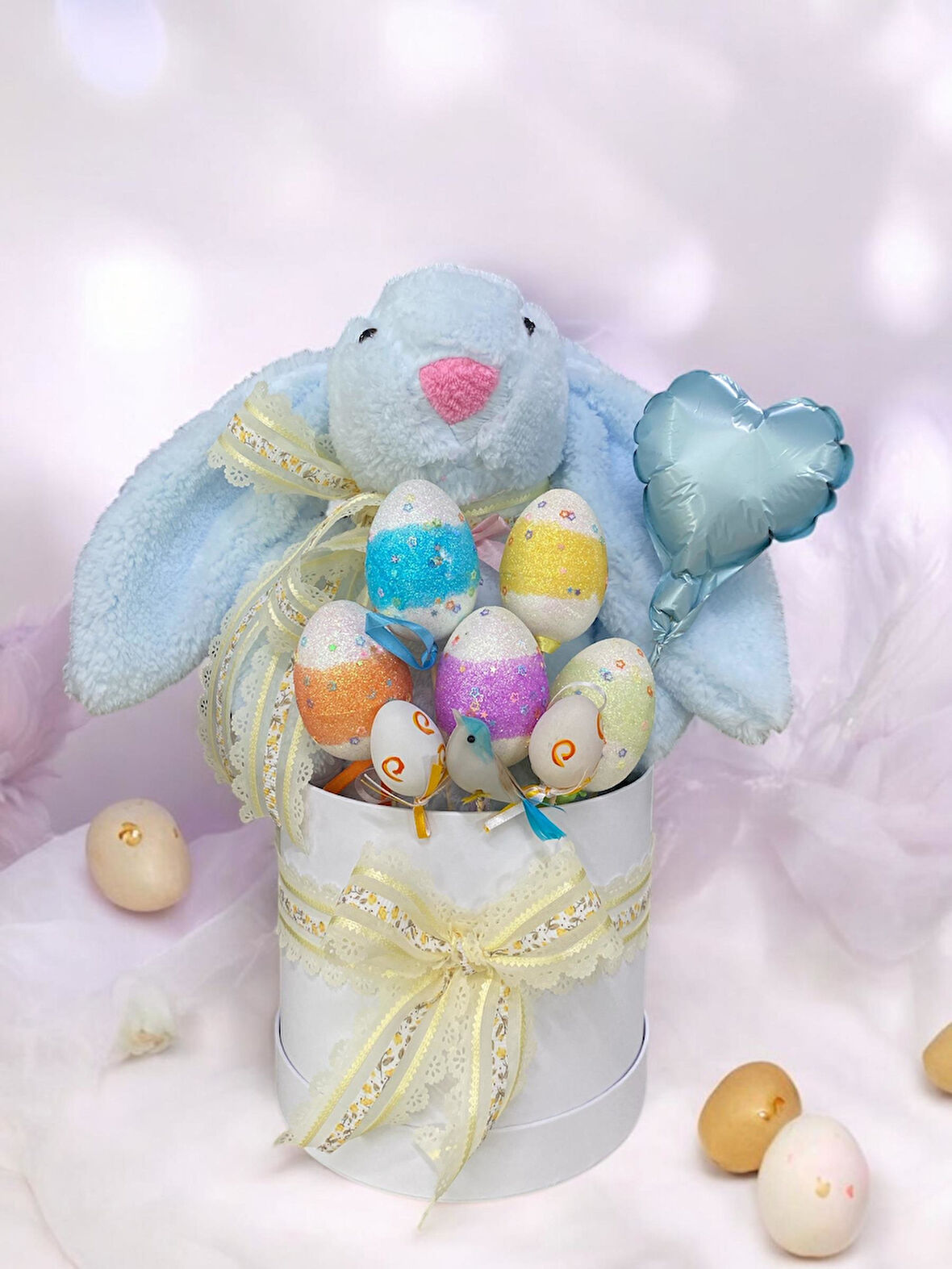 SOLE Premium Paskalya Temalı 45 cm Mavi Bunny Tavşan Hediye Kutusu - Dekoratif Yumurta ve Kalp Balon Detaylı