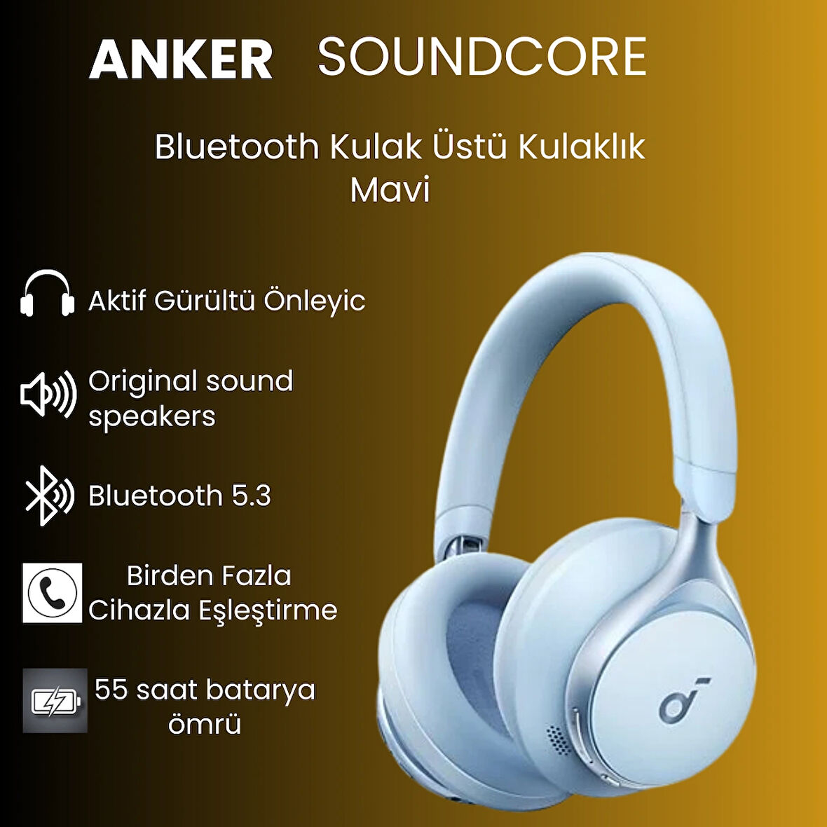 Anker SoundCore Space One ANC Mavi Kulak Üstü Bluetooth Kulaklık