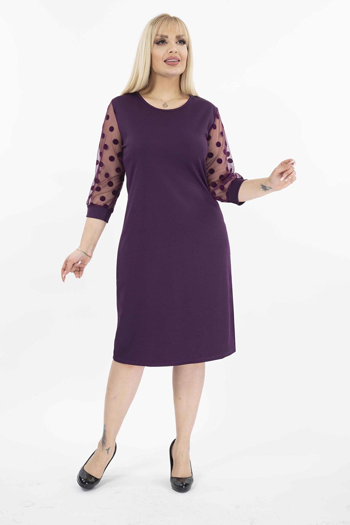 Puanlı Flok Kol Büyük Beden Elbise 15B-2037