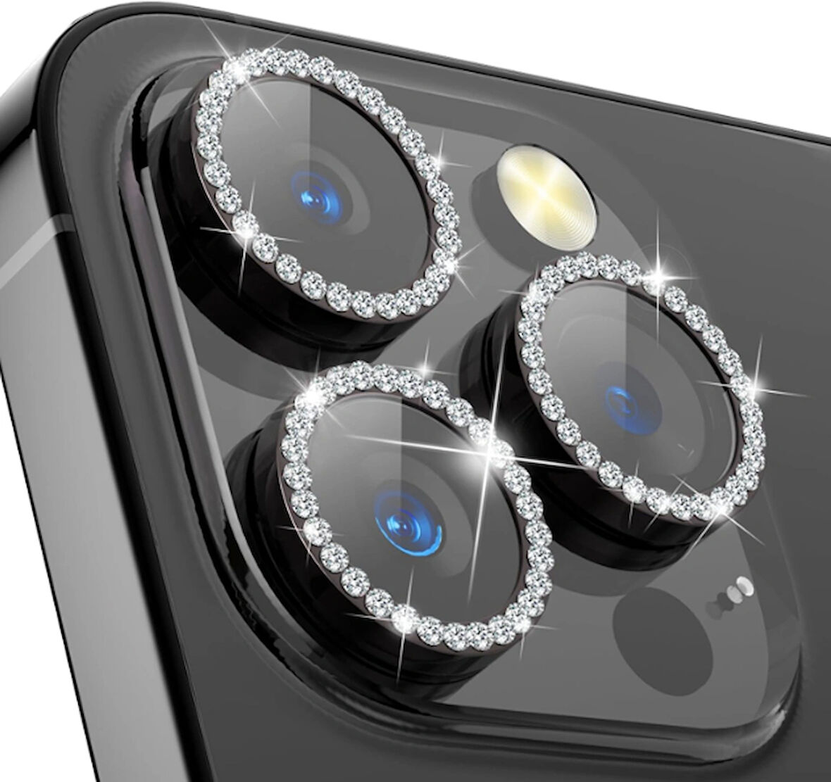 iPhone 15 Pro Max / 15 Pro için Kamera Koruyucu Taşlı ve Metal Lens Koruyucu Siyah