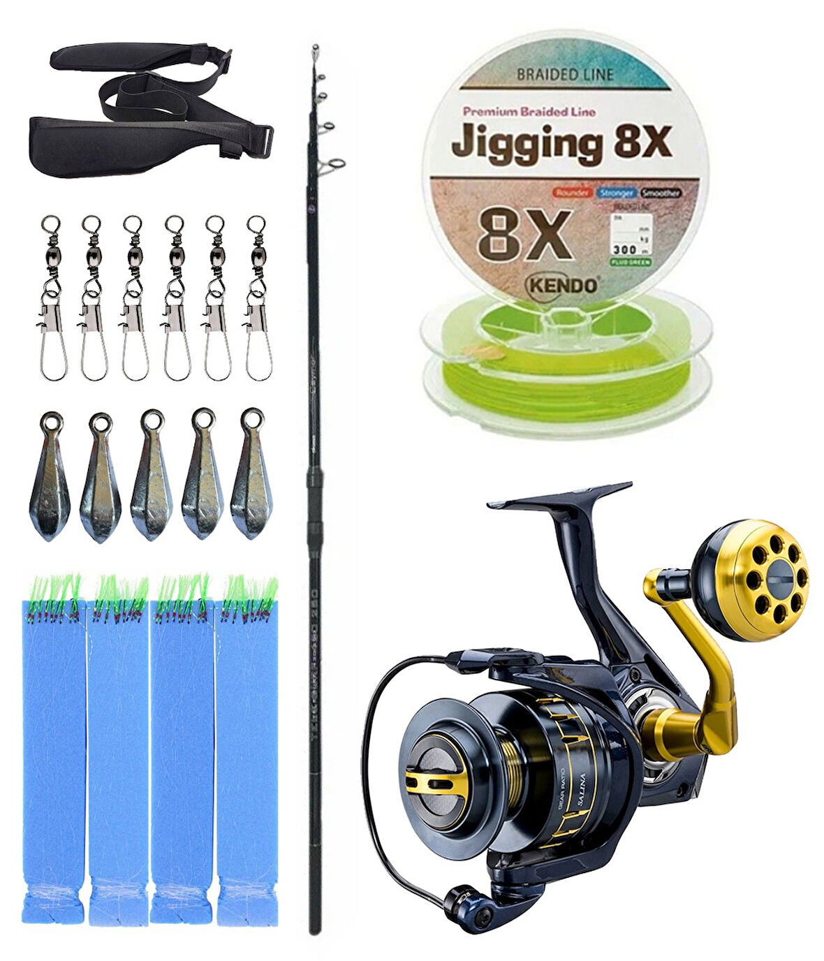 YekOutdoor Profesyonel Olta Seti Okuma Ceymar Tele surf 4.30M Surf Kamışı&Okuma Salina SA-8000A Blue 6+1BB Olta Makinesi