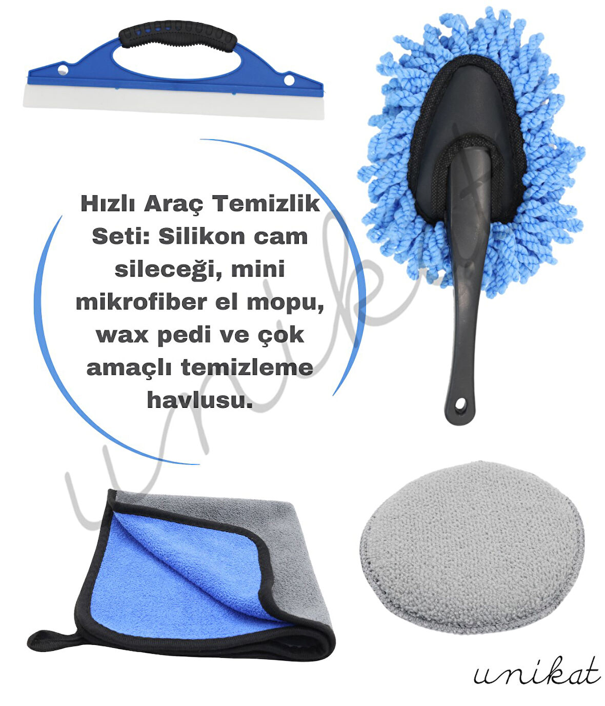 Hızlı Araç Temizlik Seti cam sileceği, saplı mikrofiber el mopu, wax pedi ve temizleme havlusu