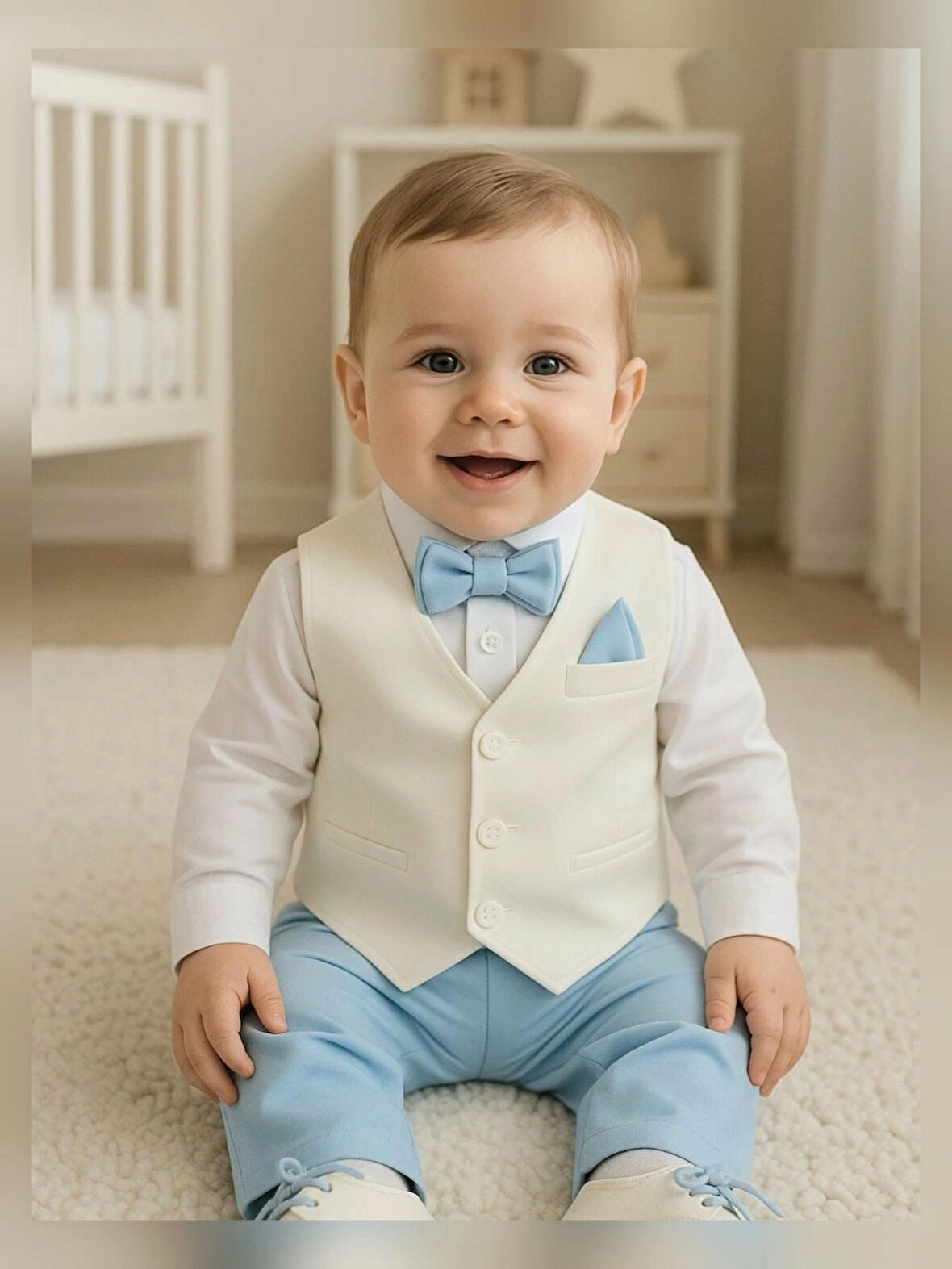 Kravat-papyonlu Erkek Bebek Mevlüt Takımı / Mevlütlük Takım / Ekru-bebe Mavi