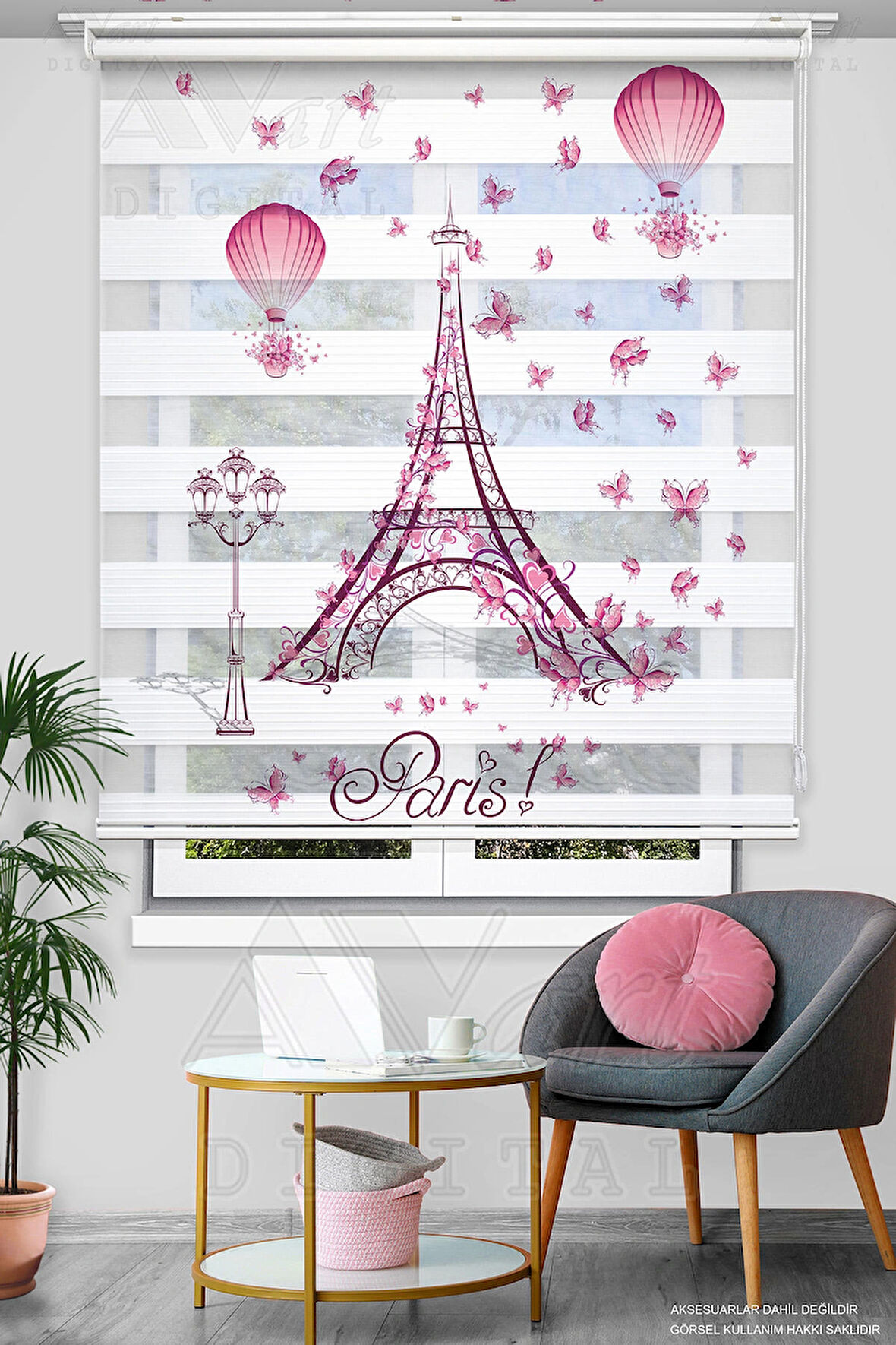 Eiffel Kelebek Baskılı Perde - Dijital Baskılı Zebra Stor Perde