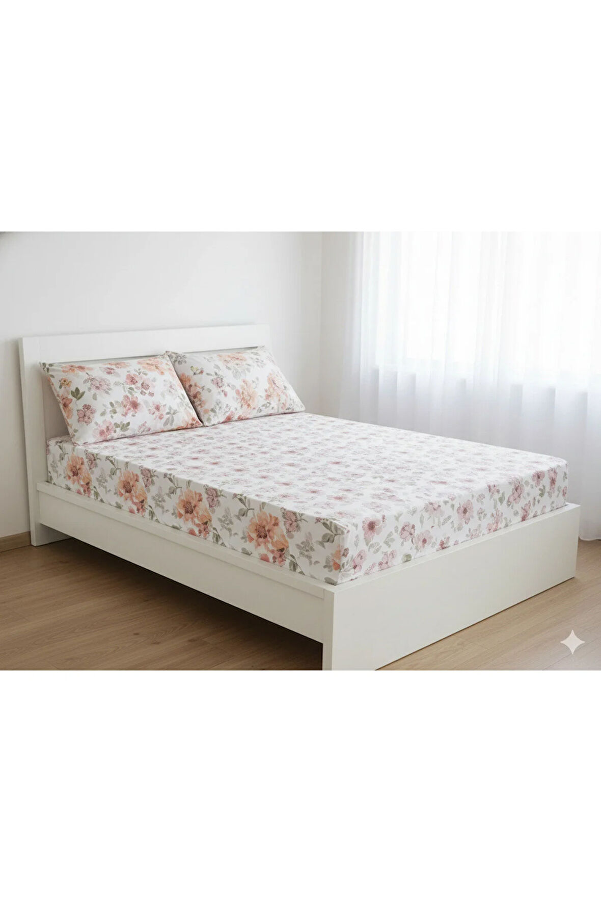 Makiteks %100 pamuklu çiçek desenli 160x200+2*(50x70) cm çift kişilik lastikli çarşaf takımı