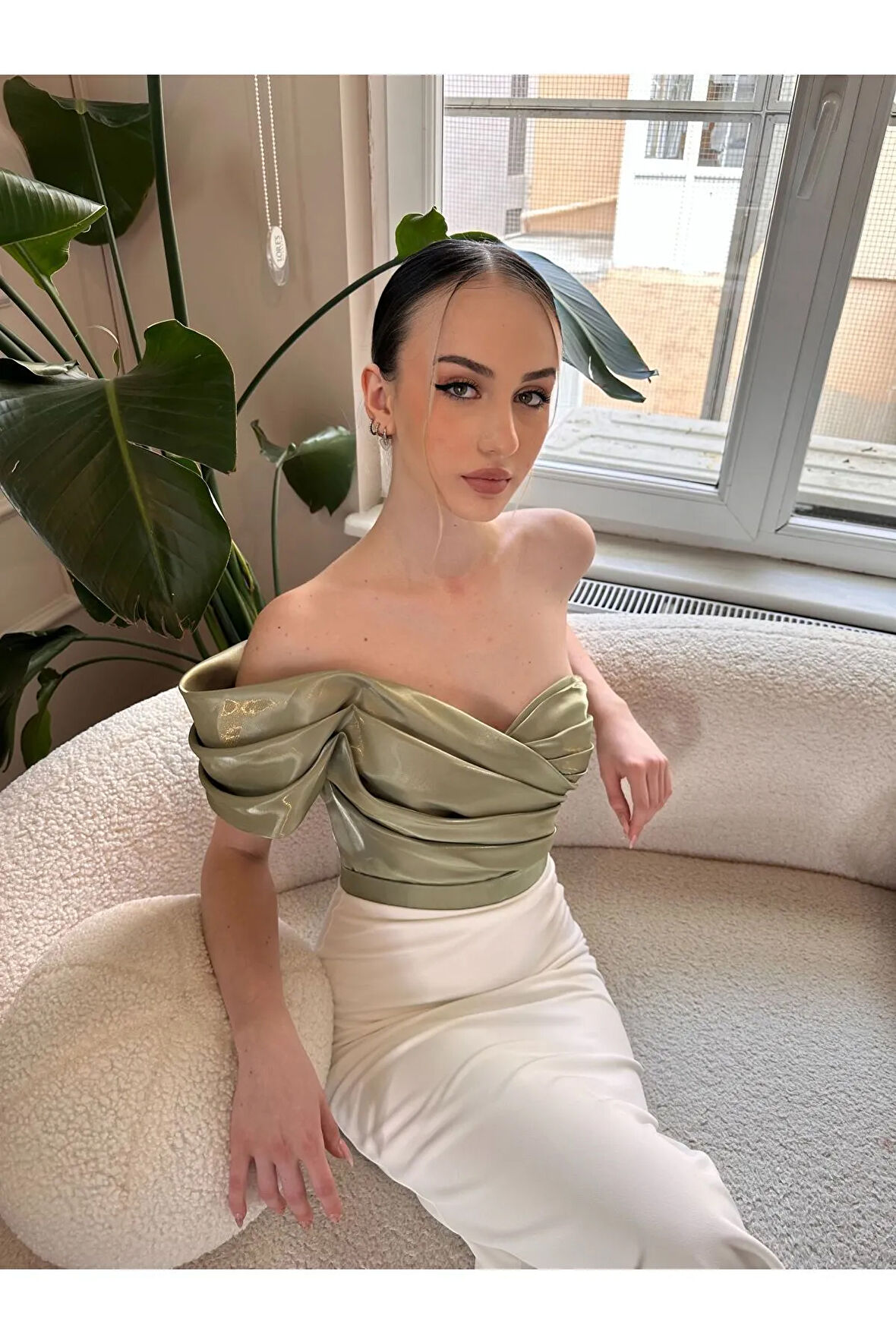 Tek Omuz Çift Renk Midi Boy Abiye Elbise