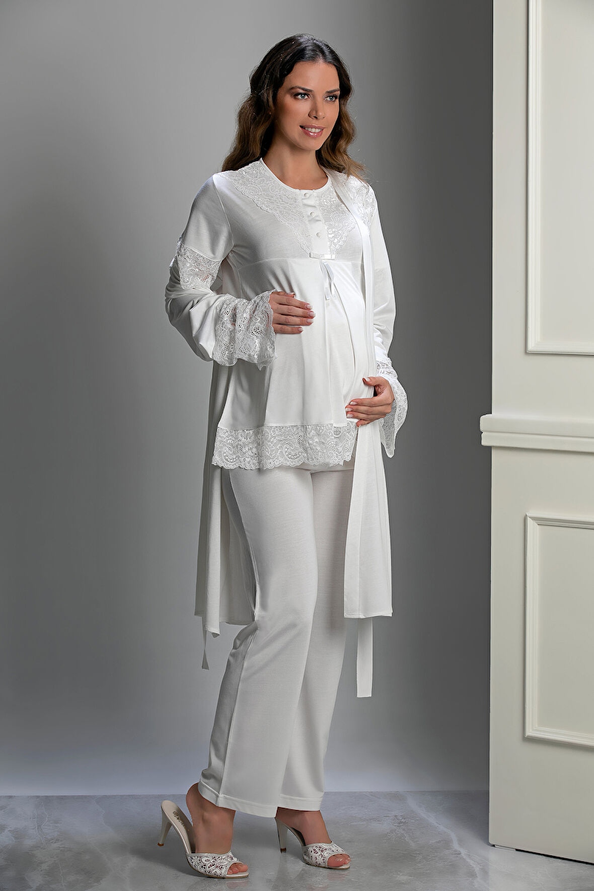 Ekru Özel Tasarım Hamile ve Lohusa Pijama Takım 3'lü Set - XL