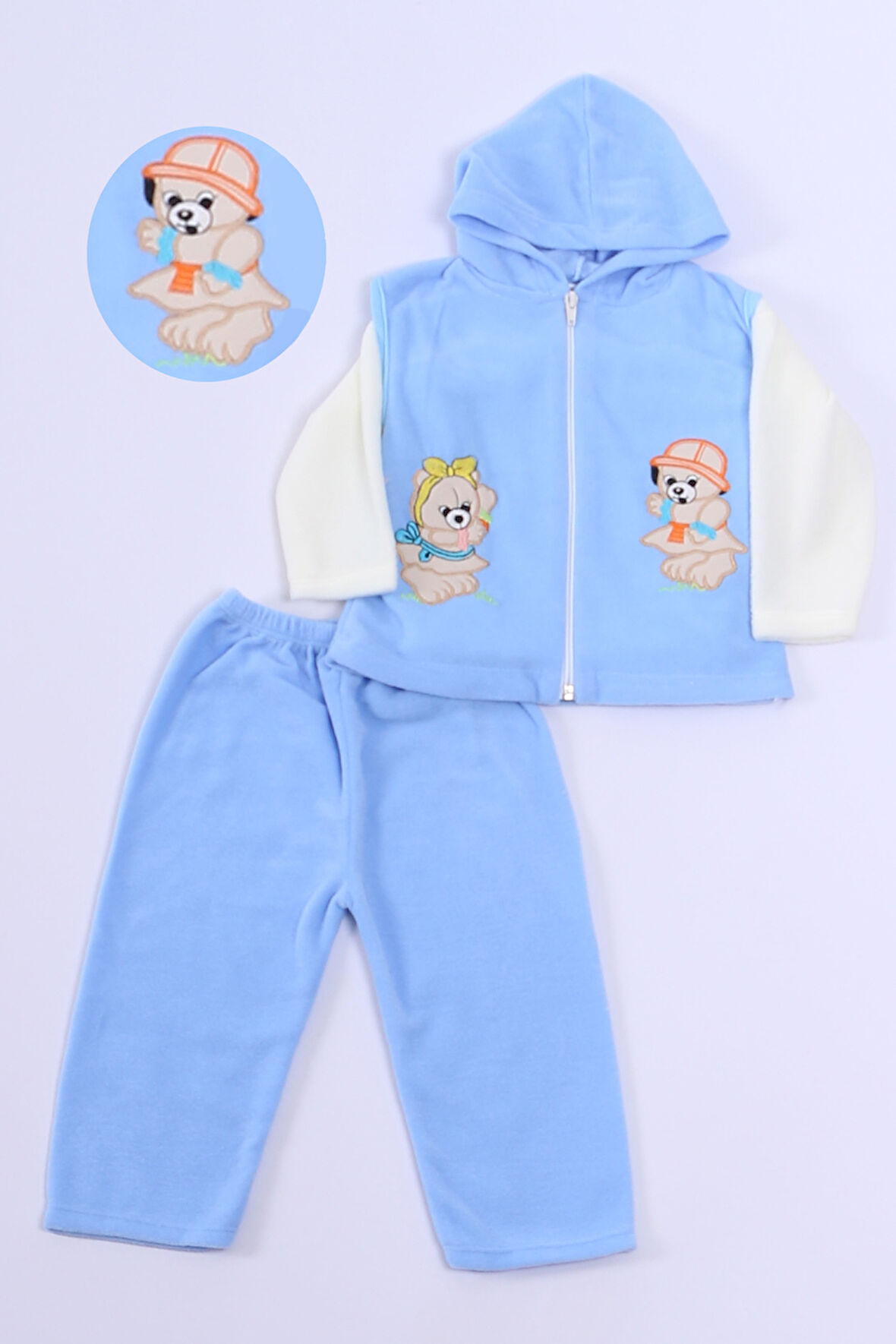 BEBEK POLAR 3LÜ TAKIM KAPŞONLU FERMUARLI NAKIŞLI C23