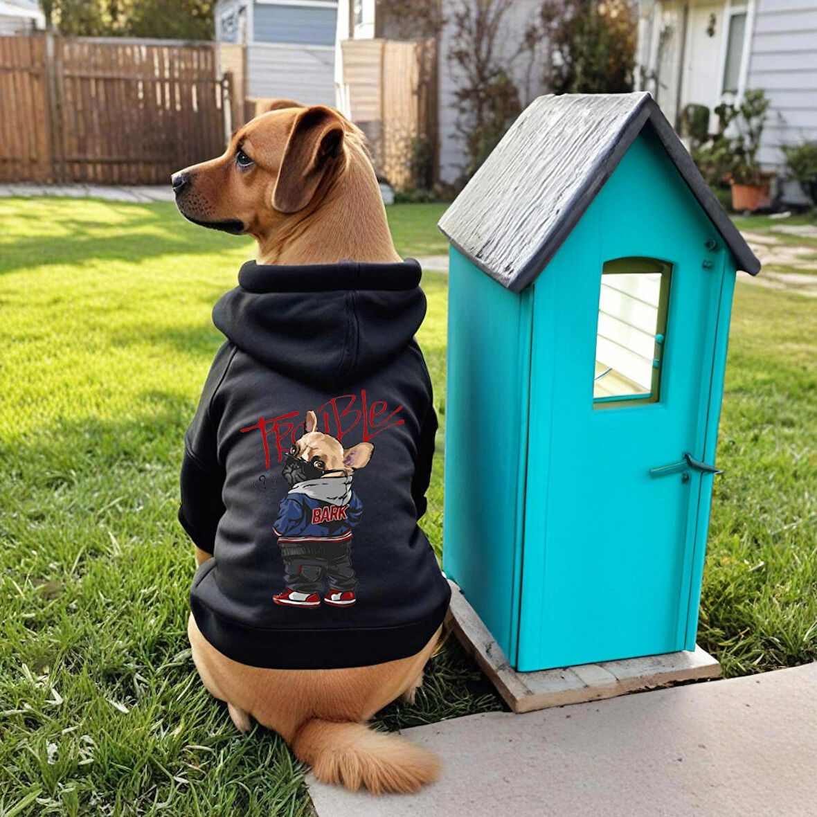 Siyah Trouble Baskili ici polarli Köpek Kıyafeti Sweatshirt