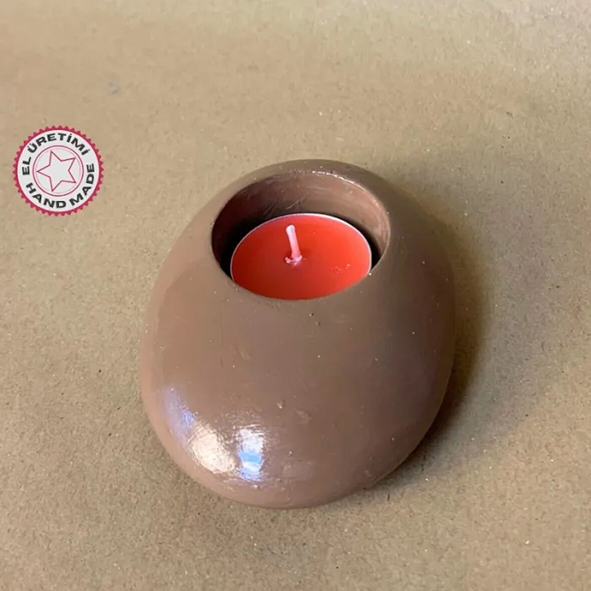Uretti - Pınar 6606 - El Yapımı Özel Tasarım Kahverengi Taş Görünümlü Dekoratif Mumluk - 8 x 11 cm