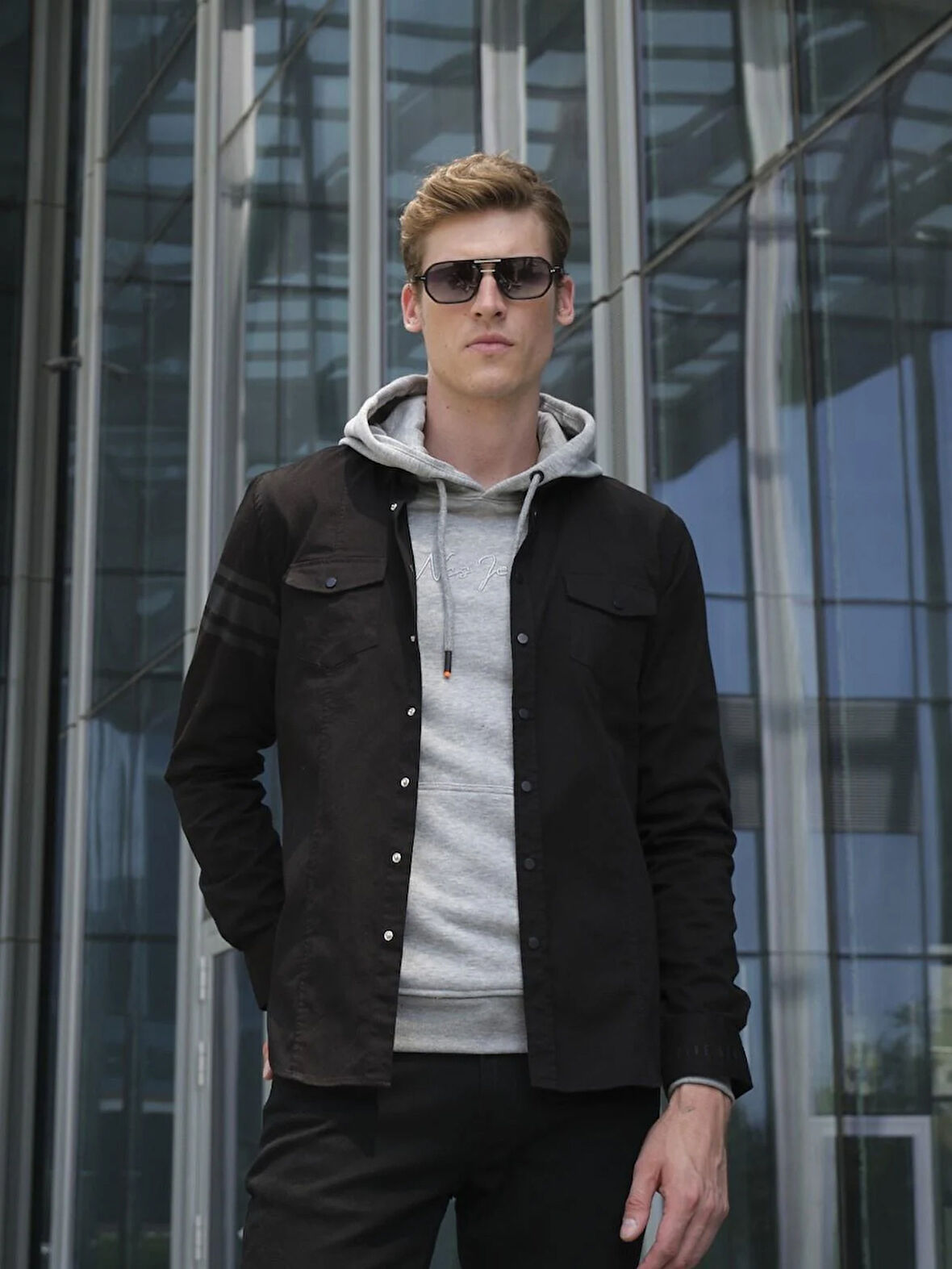 Erkek Gri Örme Desenli Slim Fit Kapüşon'lu SweatShirt NCS JEANS 1612