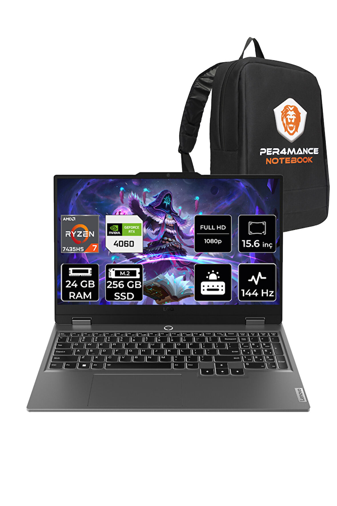 Lenovo LOQ R7 7435HS 24GB 256GB SSD RTX4060/8GB 105W 144Hz FHD 15.6" FDOS Gaming Laptop & PER4 ÇANTA