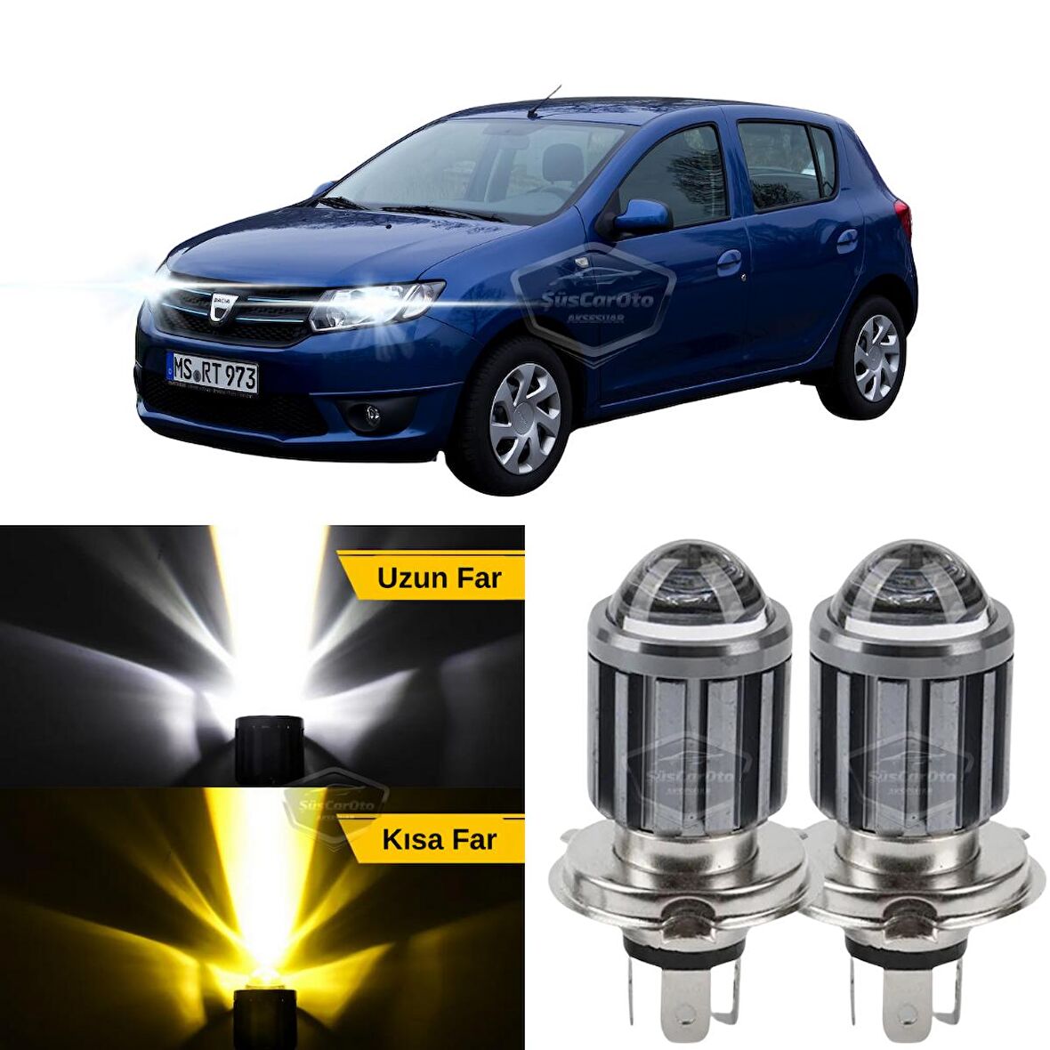 Dacia Sandero Mk2 Mk2.5 2009-2020 Uyumlu Mercekli Far Ampulü Led Xenon Çift Renk Sarı-Beyaz Far Şimşek Etkili CSP Led Lamba Uzun Kısa 2 Adet Takım