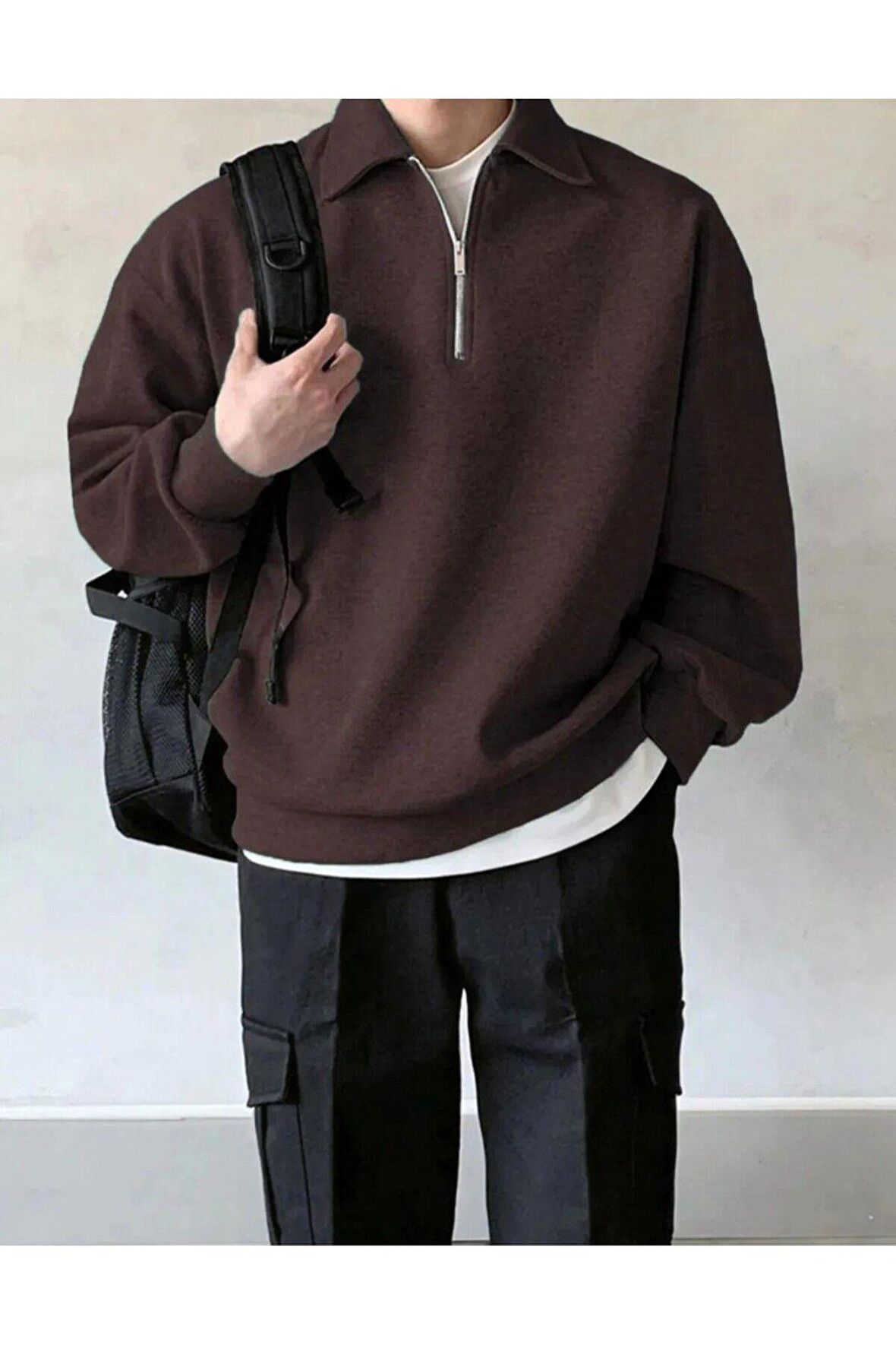 Erkek Polo Yaka Oversize Sweatshirt Yarım Fermuar Sweatshirt 