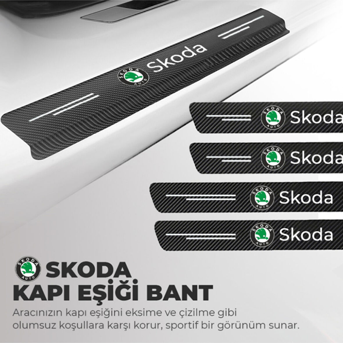 Skoda Logolu Karbon Kapı Eşiği Koruyucu Bant Folyo 4'lü Set