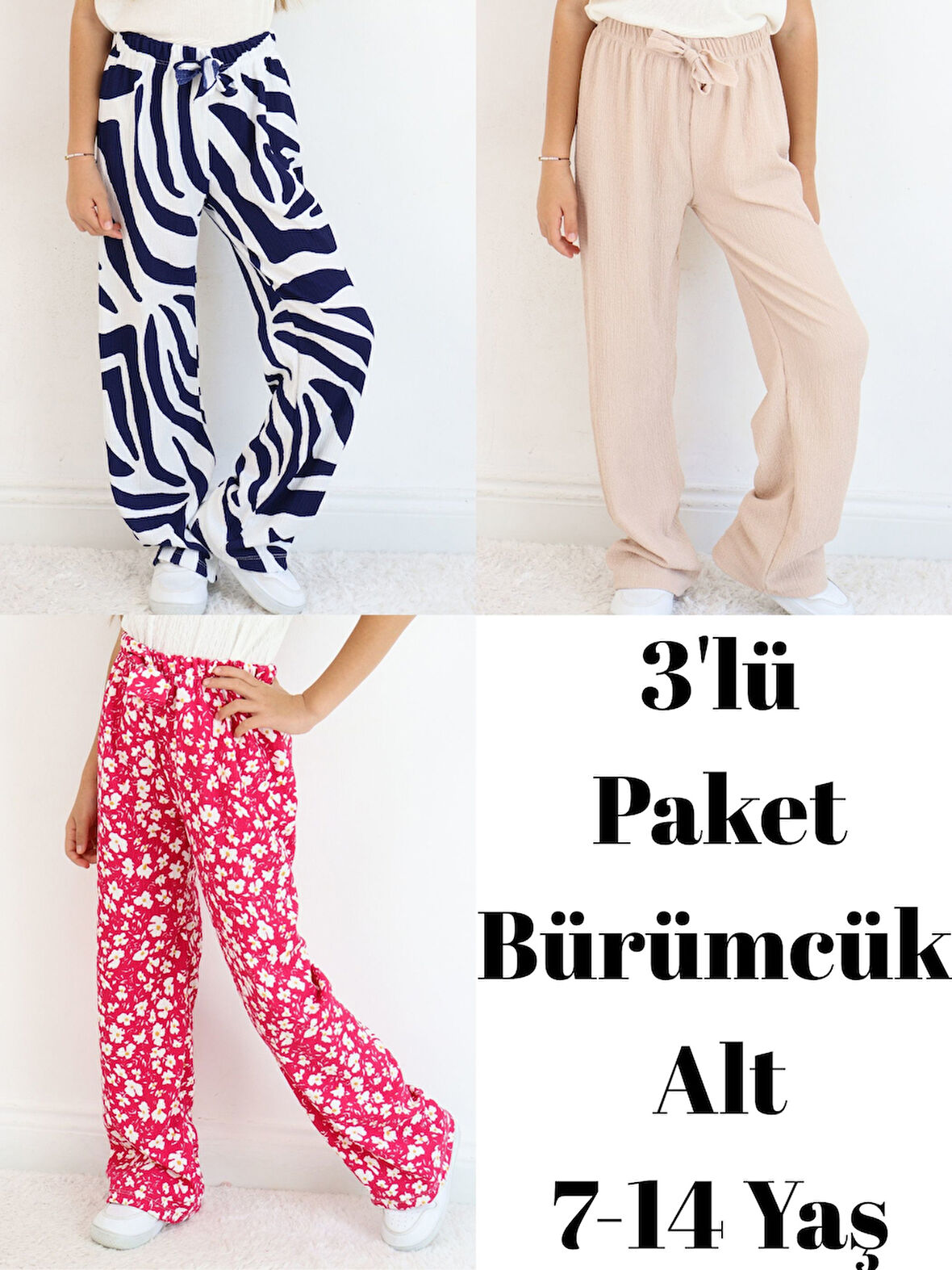 Kız Çocuk Bürümcük Kumaş Bol Paça Rahat Model Tek Alt (3'lü Paket)