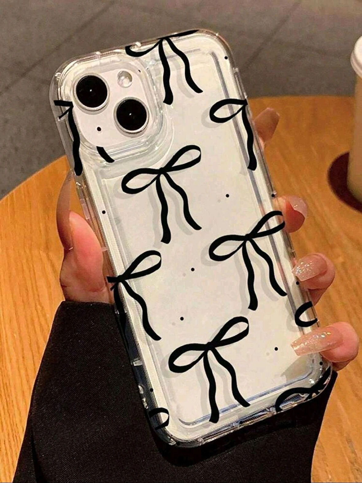 Siyah Fiyonk Baskılı Şeffaf iPhone 16 Pro Max uyumlu telefon Kılıfı