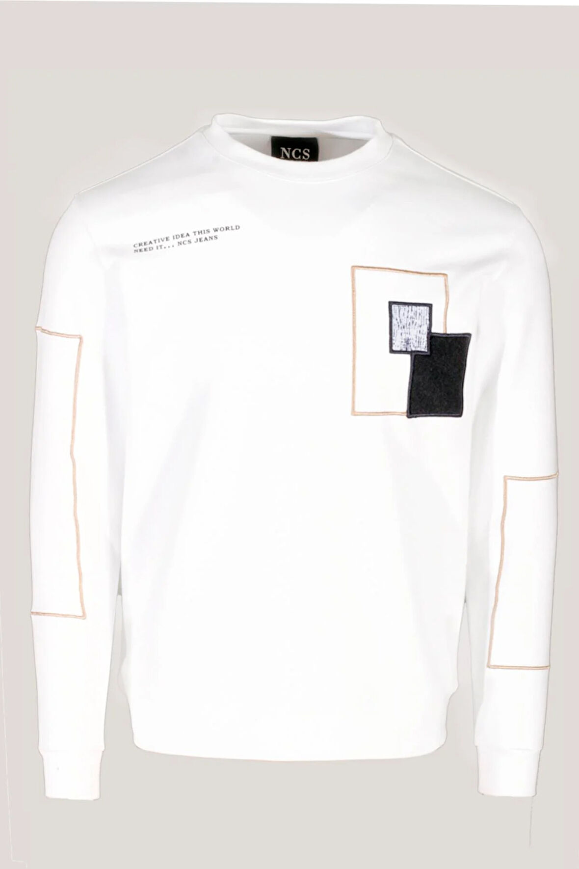 Erkek Sweatshirt Beyaz Bisiklet Yaka Relax Fit Nakış Detaylı Double Face Pamuk Sweat NCS JEANS 1618