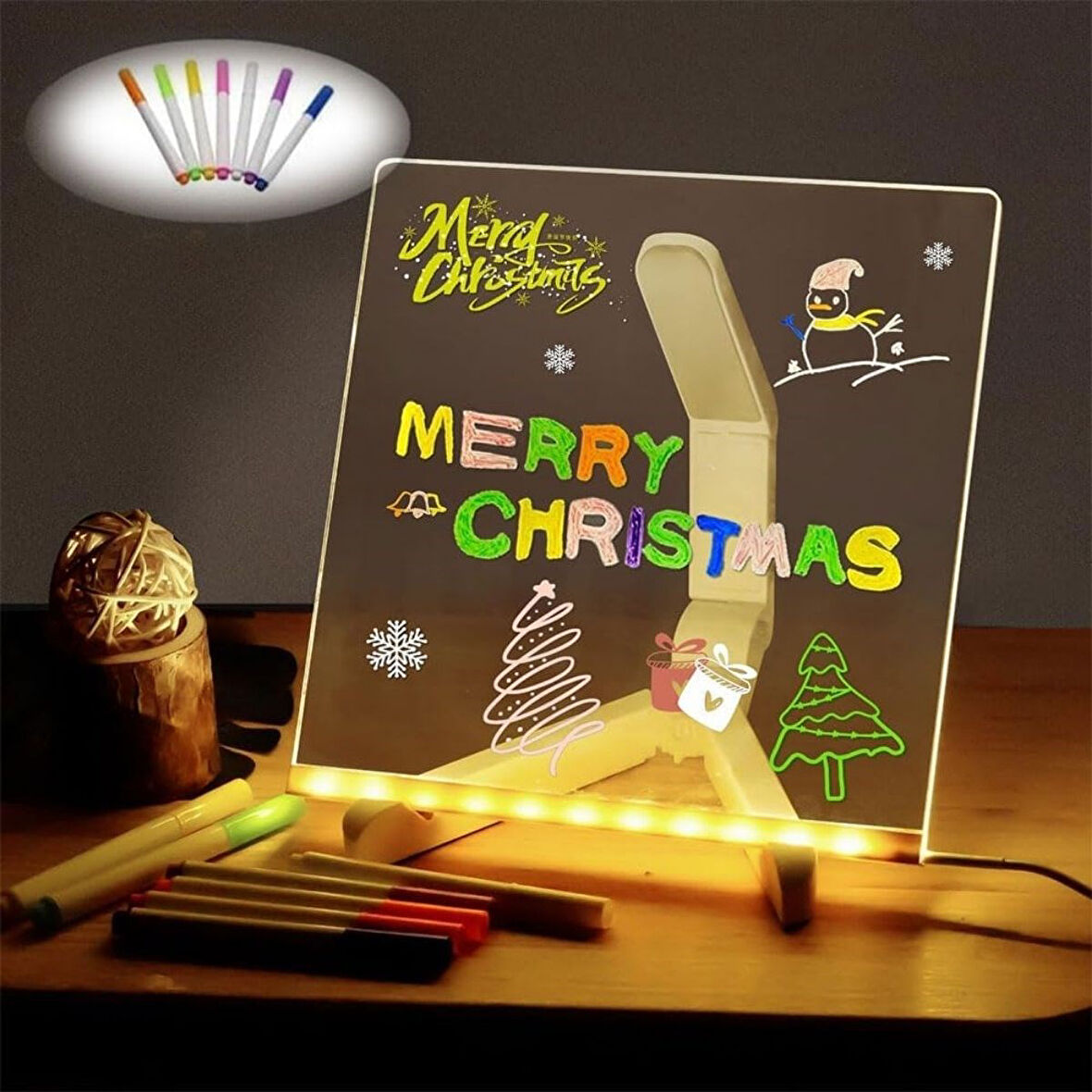CT-STONES® LED Işıklı Kendiliğinden Renkli Fosforlu Kalemli Kare Yazı Panosu 20x20 cm