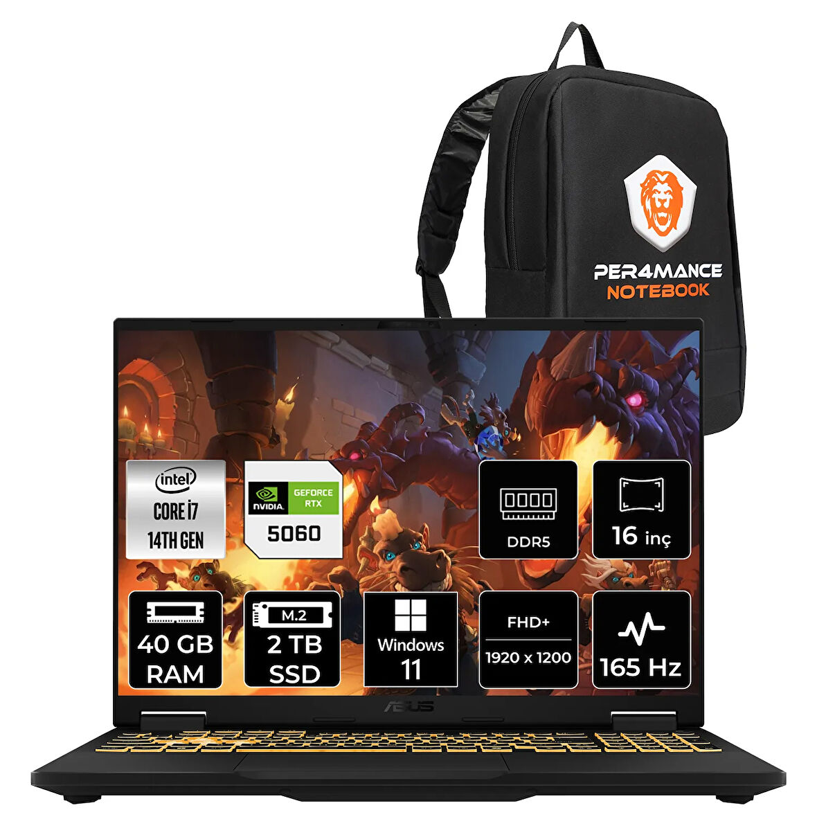 Asus TUF F16 i7 14650HX 40GB 4TB SSD RTX5060/8GB 115W 165Hz 16'' WUXGA W11H Gaming Laptop FX608JMR
