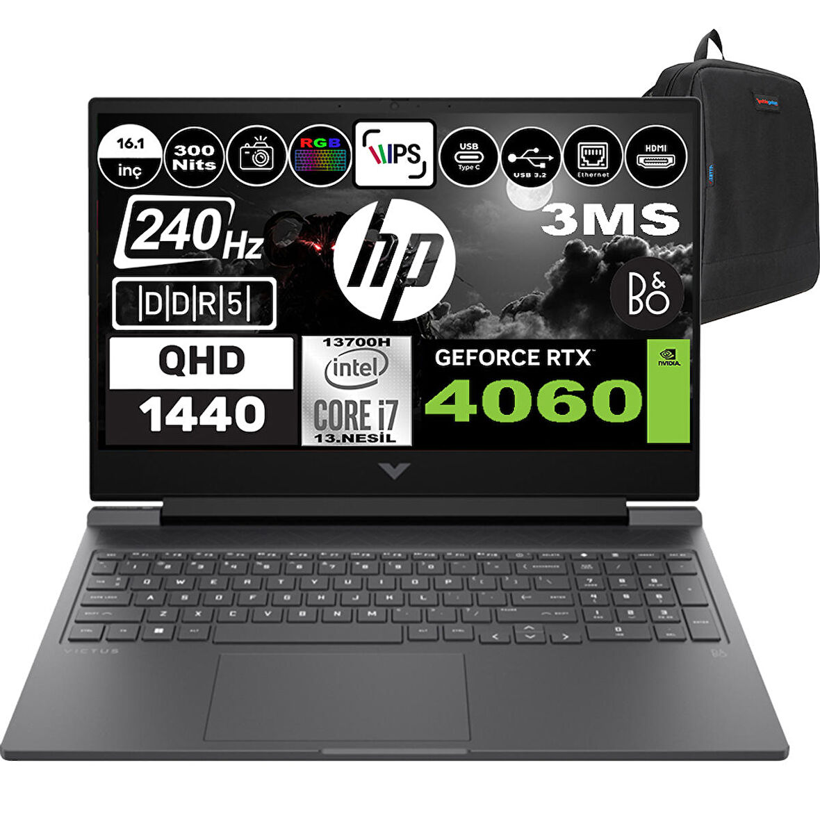 Hp Victus 16-R0076NT Intel Core I7 13700H 16GB Ddr5 512GB SSD 8GB-RTX4060 Qhd 240HZ 3ms 16.1" Freedos Taşınabilir Bilgisayar 9E4A4EAF01 + Zetta Çanta