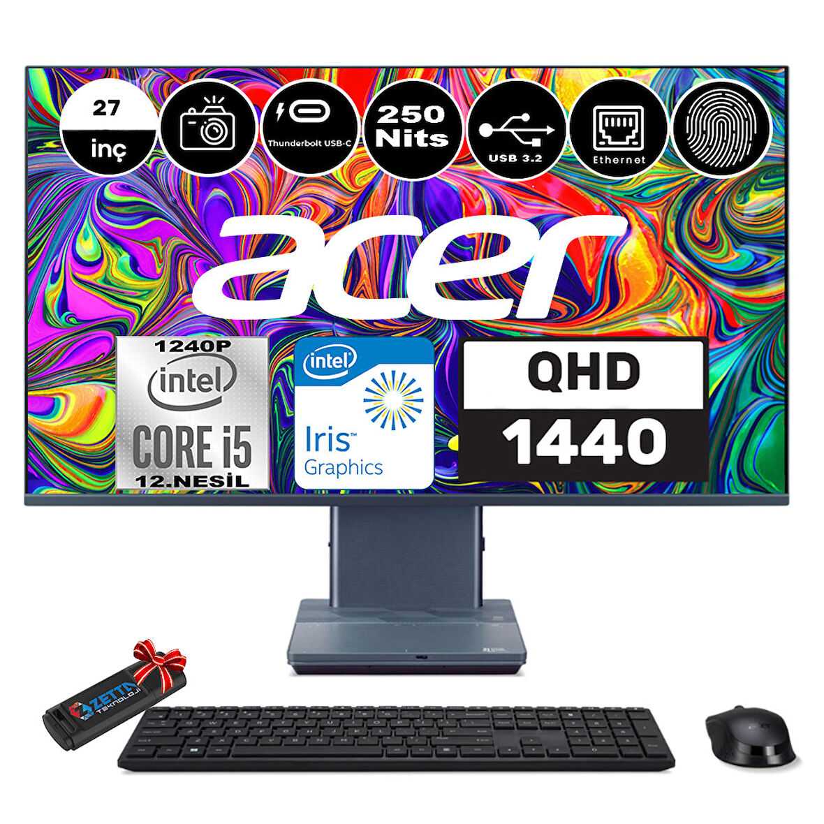 Acer Aspıre S27-1755 Intel Core I5-1240P 32GB 1tb SSD 27" Wqhd 1440P Windows 11 Home Parmak Izi Okuyucu All In One Bilgisayar WHDQBKDEM005+ Zetta Flash Bellek