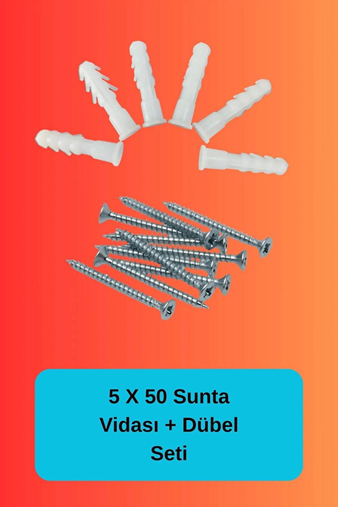 Sunta Vidası 5x50 Mm Ve Dübel Seti (10'Lu Set) Sivri Uçlu Ahşap Tahta Ağaç Mobilya Ayak Kulp Vidası