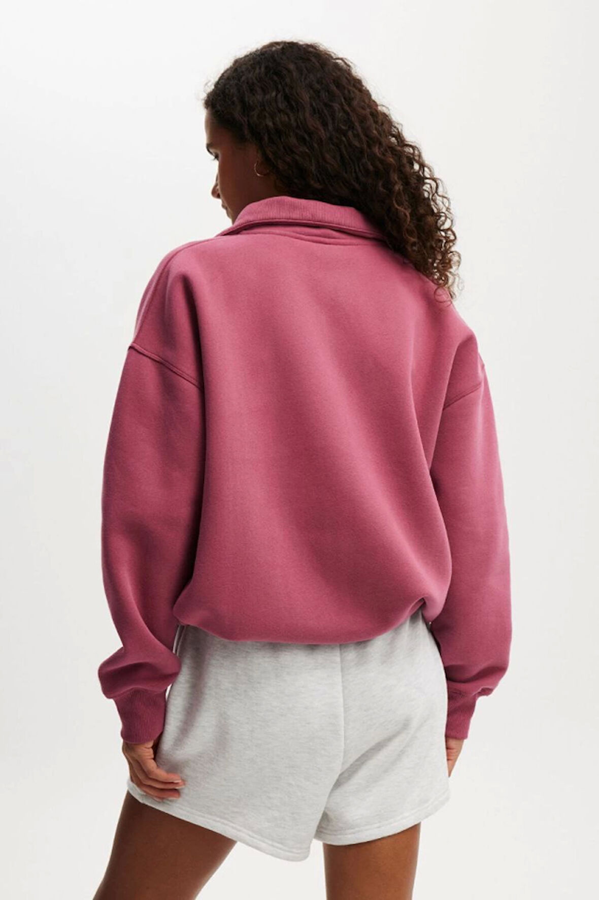 Oversize Yarım Farmuarlı Yakalı Basic SweatShirt - Gül Kurusu