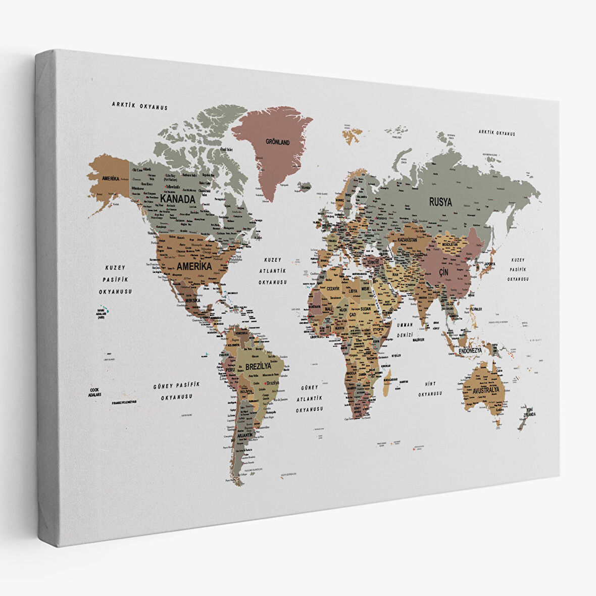 Harita Sepeti Türkçe Dünya Haritası Dekoratif Kanvas Tablo Son Derece Detaylı 1634
