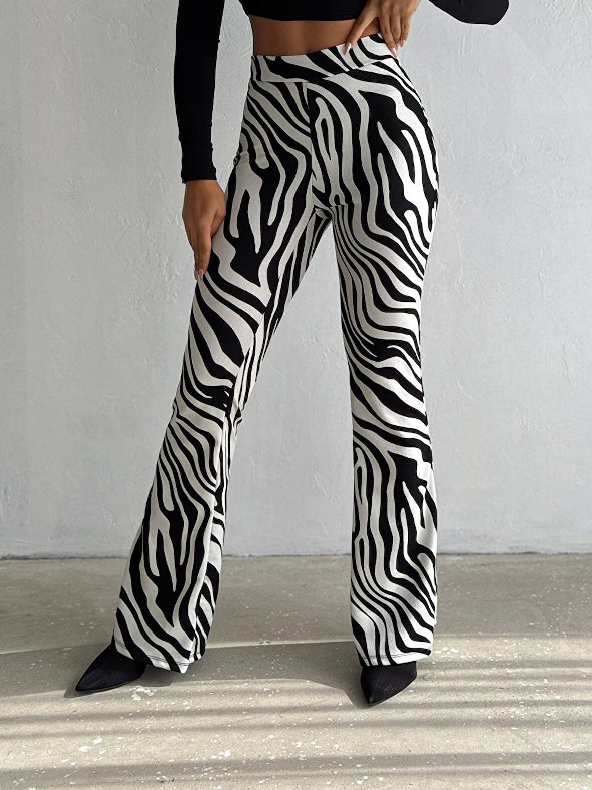 Kadın örme Krep Kumaş Zebra Desenli Pantolon