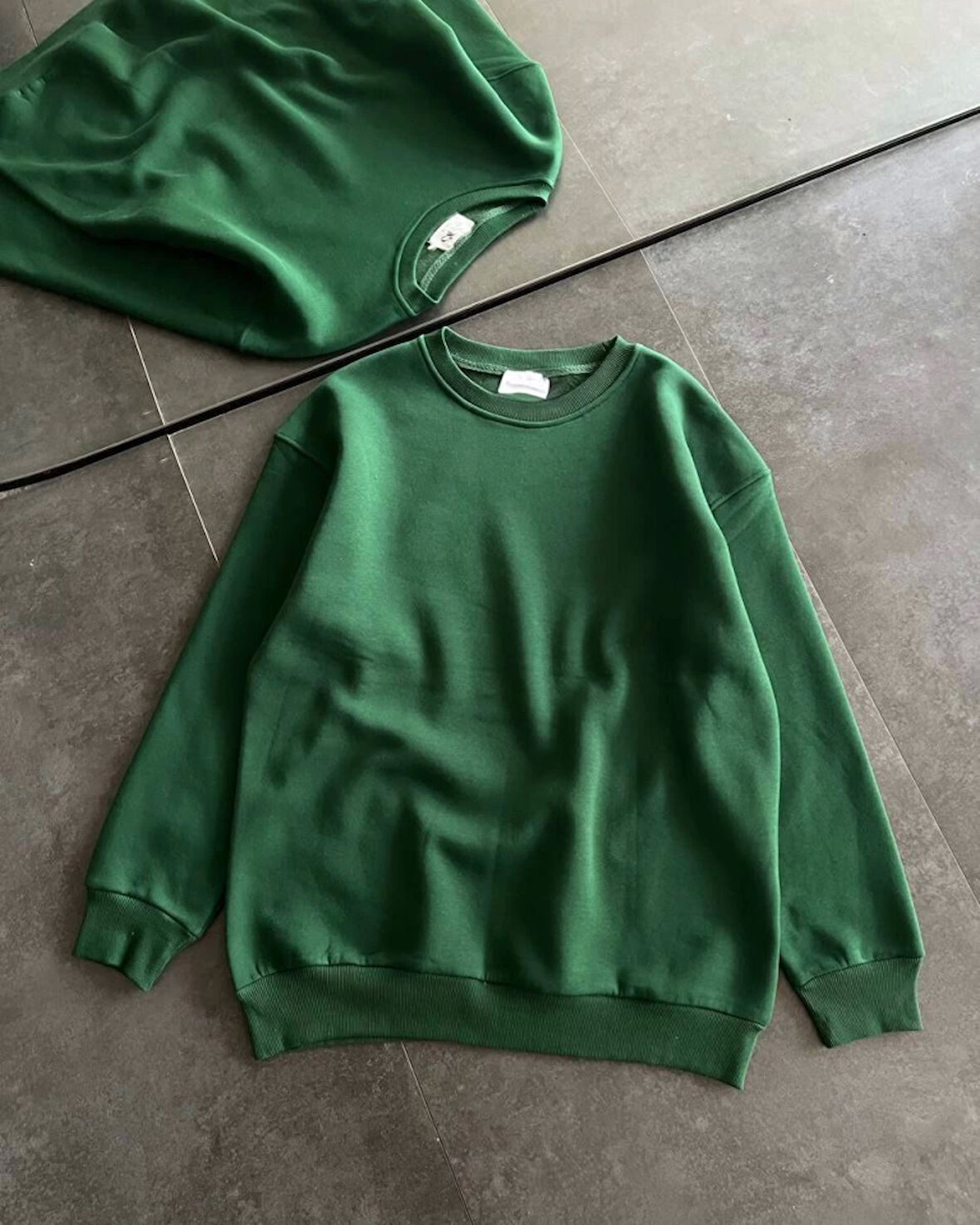 Kışlık Bisiklet Yaka Üç İplik Basic SweatShirt - Haki