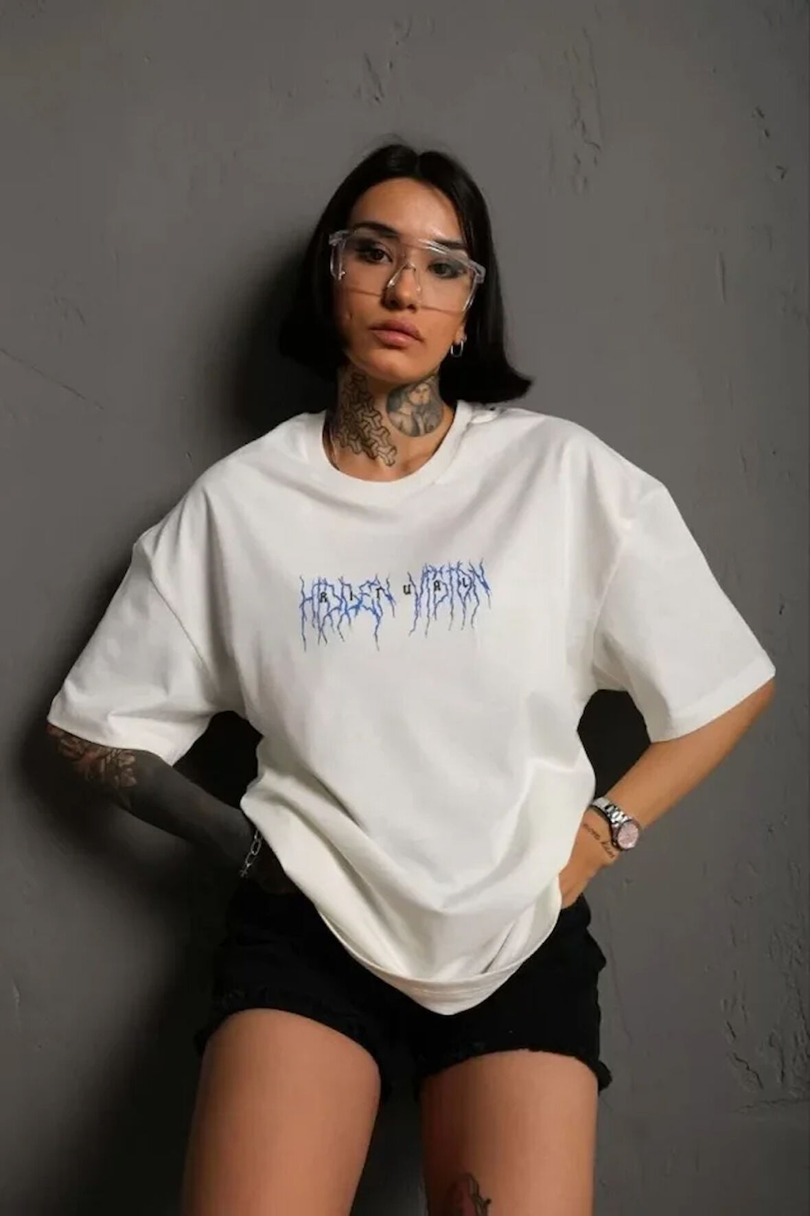 Unisex Bisiklet Yaka Baskılı Oversize T-Shirt - Beyaz