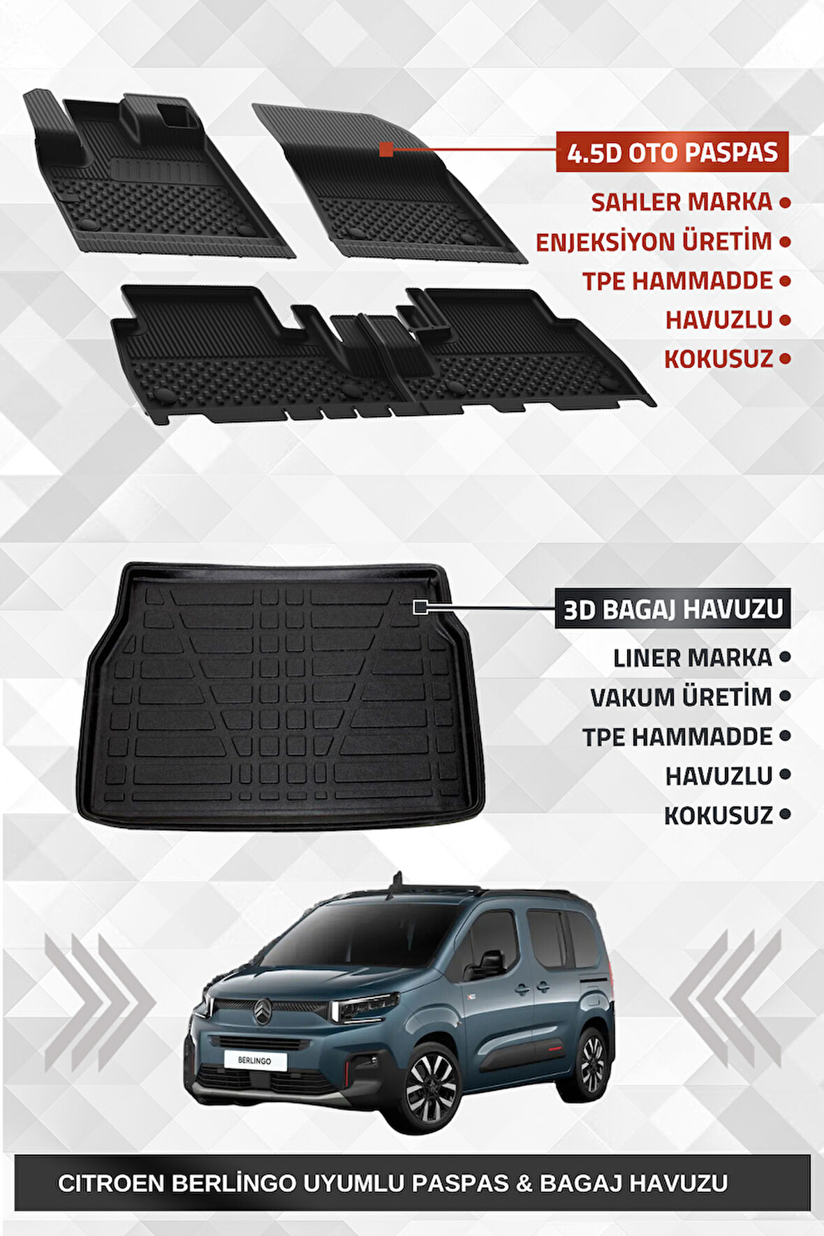 Sahler Citroen Berlingo 2019+ Uyumlu 4.5D Premium Havuzlu Oto Paspas Ve Liner Marka 3D Bagaj Havuzu 