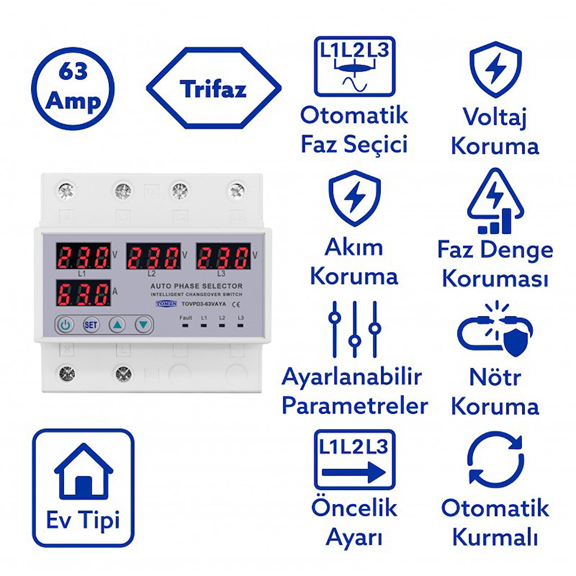 Tomzn Otomatik Faz Seçici ve Yüksek Alçak Voltaj Akım Koruma Rölesi 63A Dahili Kontaktör