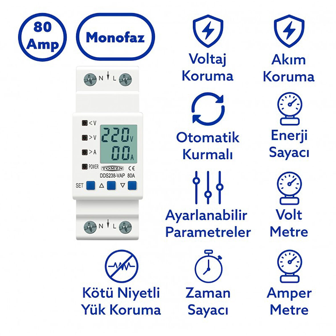 Tomzn Hiking Voltaj ve Akım Koruma Rölesi Yüksek Alçak Gerilim ve Akım Koruyucu Röle 80A