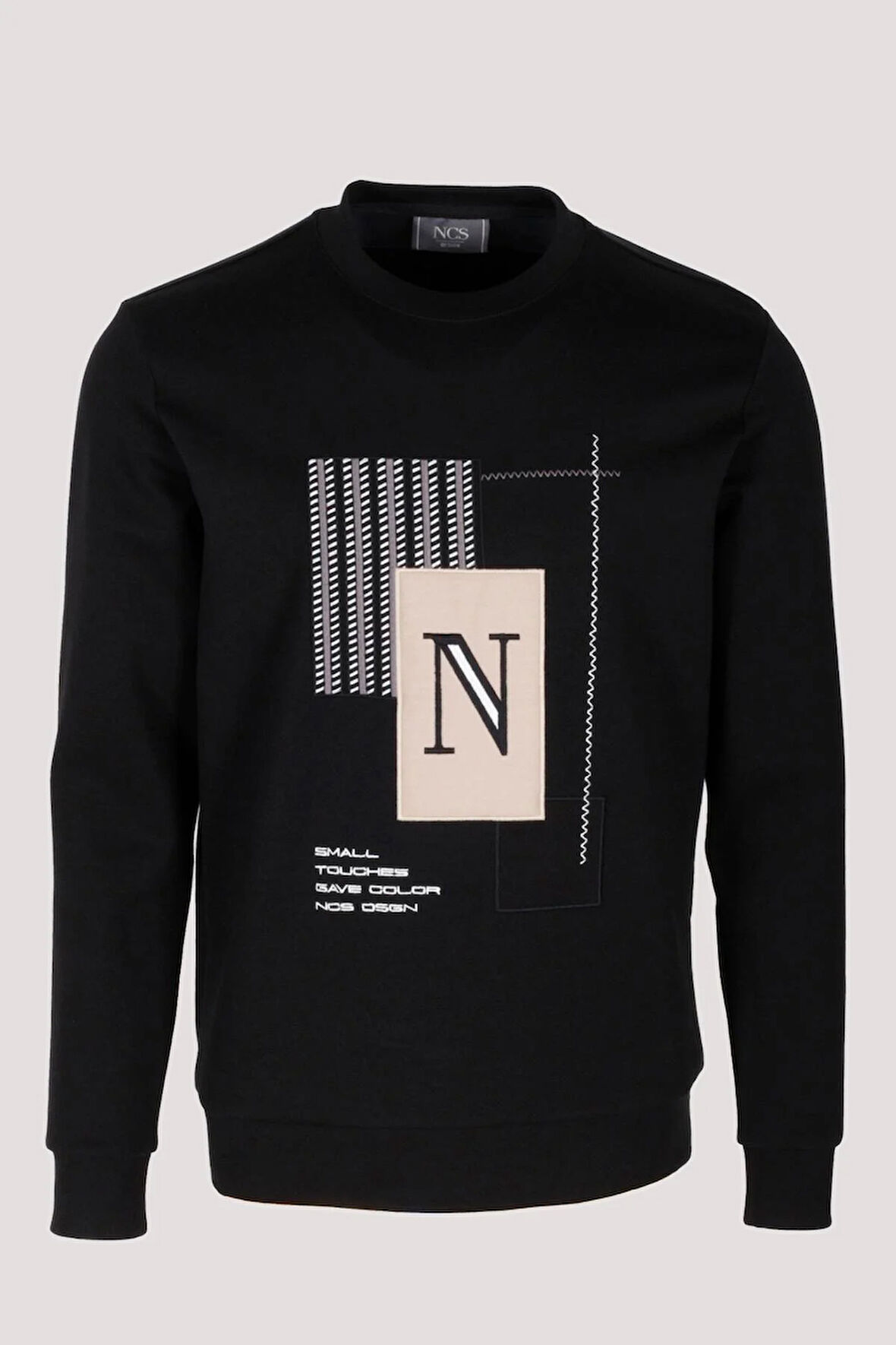 Erkek Sweatshirt Siyah Relaxed Fit Double Face N Aplike Sargı Nakış Logo Detaylı Crewneck NCS JEANS 1649