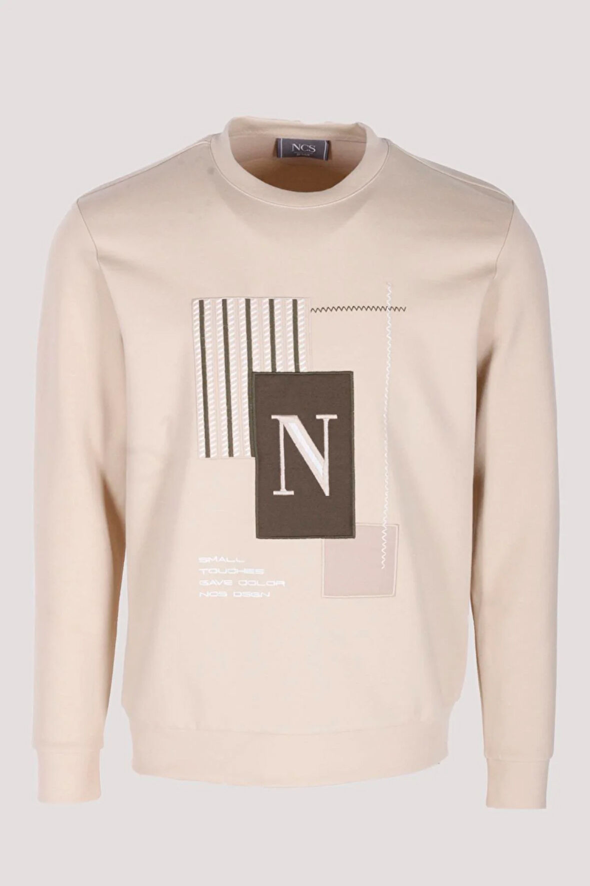Erkek Sweatshirt Bej Relaxed Fit Double Face N Aplike Sargı Nakış Logo Detaylı Crewneck NCS JEANS 1649