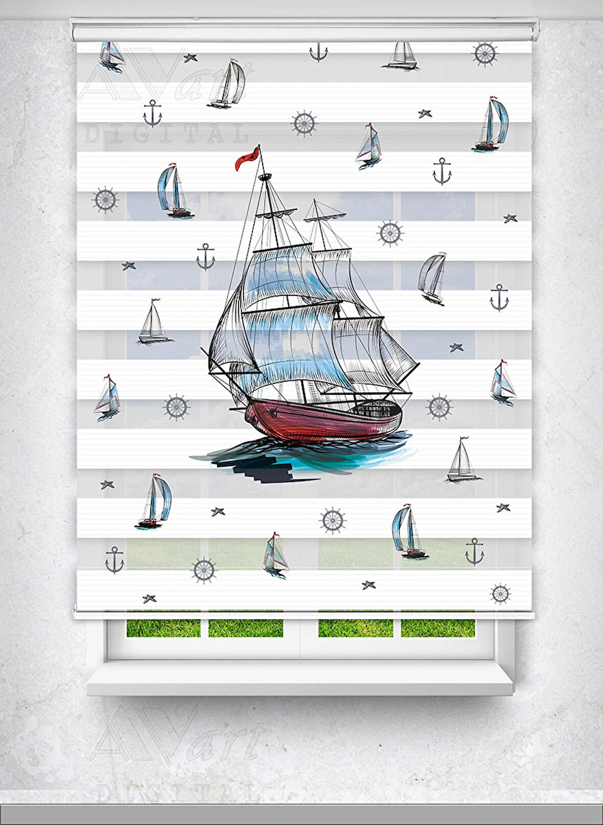 Yelkenli - Tekne - Gemi Baskılı Çocuk Odası Perdesi - Baskılı Zebra Perde
