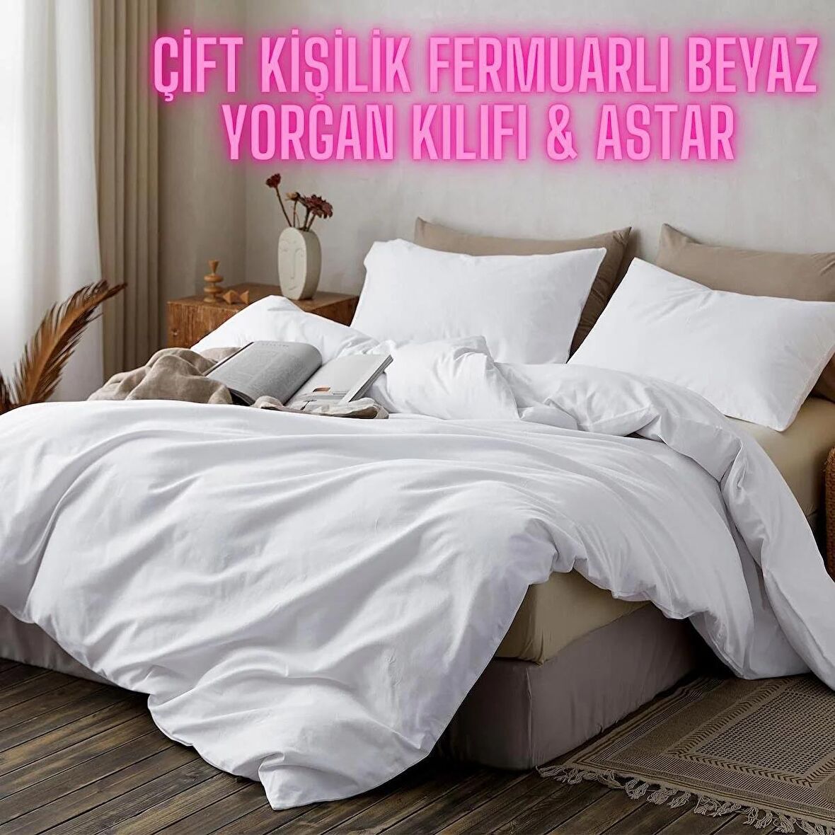 Çift Kişilik Fermuarlı Beyaz Yorgan Kılıfı Nevresim & Astar 200x220 Cm Sık Dokuma Kumaş