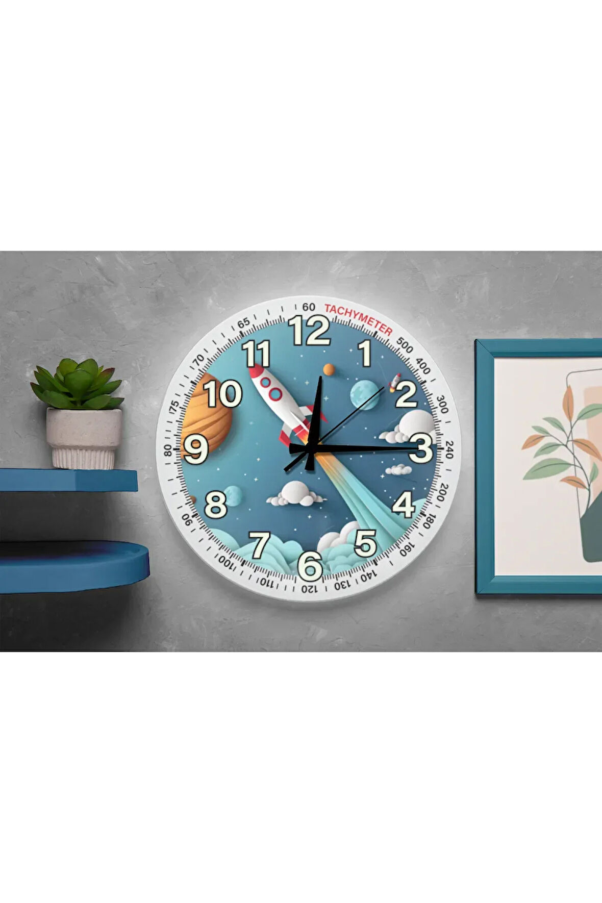 Uzay ve Roket Temalı Sessiz Mekanizma Duvar Saati – Çocuk Odası Dekoratif